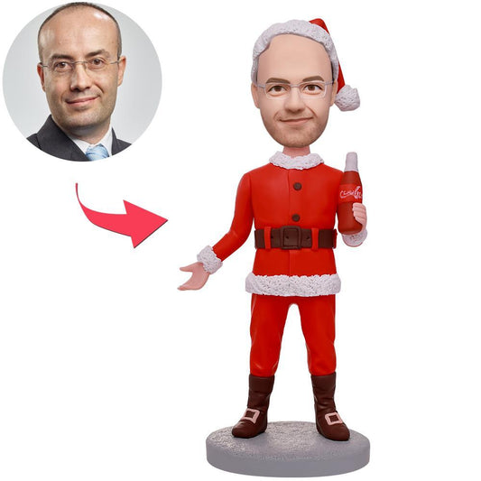 Personalised Coca-Cola Santa bobblehead with engraved text on the base, custom polymer clay head made from your photo, classic red suit