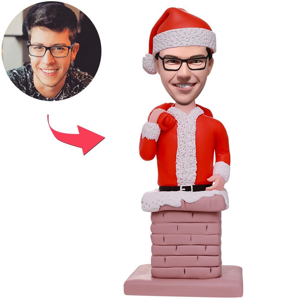 Personalised Santa in the Chimney bobblehead – polymer clay figurine with customised head portrait and engraved text on the chimney, perfect Christmas stocking filler