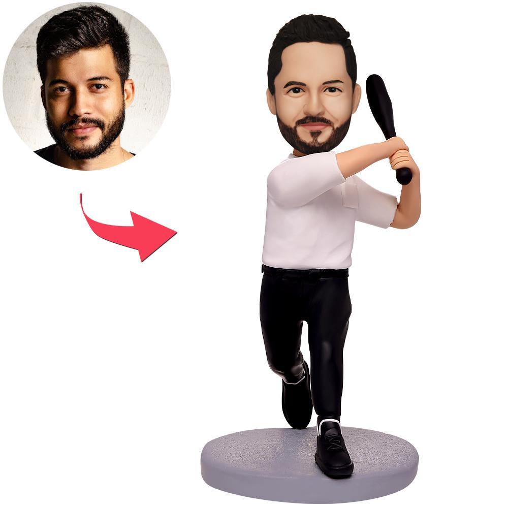 Personalised polymer-clay baseball player bobblehead with customised head from photo and engraved name on base – bespoke gift for players, coaches and fans