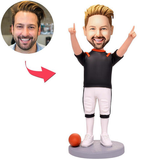 Winner personalised rugby player bobblehead in team kit with engraved text on the base, polymer clay figurine with a customisable head — ideal engraved bobblehead trophy