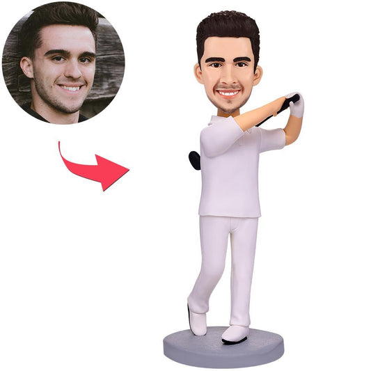 White Suit Golfer personalised bobblehead with engraved text on base, custom golf figurine with personalised head to match your photo