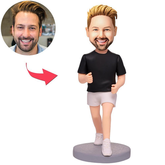 Running Man custom bobblehead with engraved text — personalised polymer clay figure in full running stance with customised head detail
