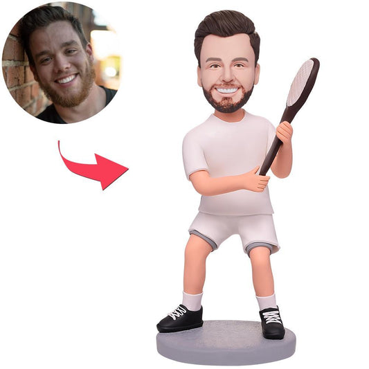 Tennis Player and Racket Custom Bobblehead personalised with engraved text – polymer clay figurine with customised head and racket, perfect personalised tennis gift