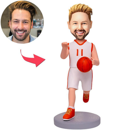 Number 11 personalised basketball player bobblehead with engraved text — front view of polymer clay figure featuring a custom photo head, perfect personalised sports gift