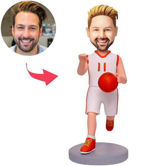 Number 11 personalised basketball player bobblehead with engraved text — front view of polymer clay figure featuring a custom photo head, perfect personalised sports gift
