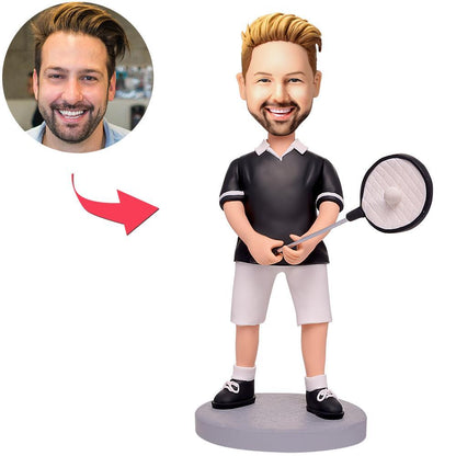Happy Tennis Player personalised bobblehead with engraved text — custom photo head on fixed tennis-player body, polymer clay keepsake sports gift