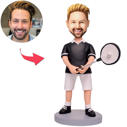 Happy Tennis Player personalised bobblehead with engraved text — custom photo head on fixed tennis-player body, polymer clay keepsake sports gift
