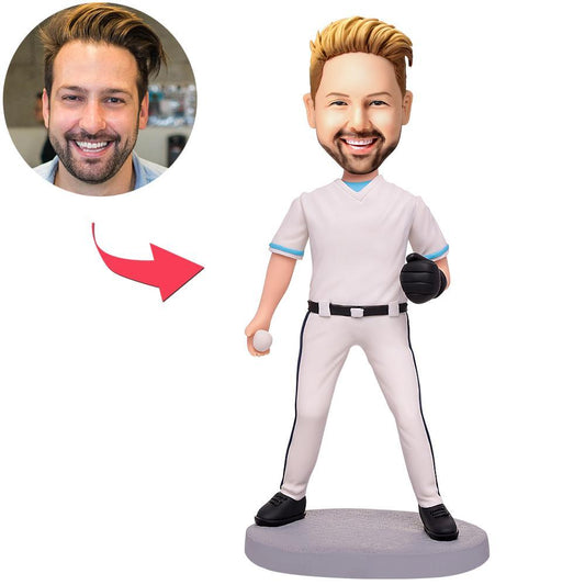 Personalised softball player bobblehead (polymer clay) front view with engraved text on the base — custom bobblehead gift for players and coaches