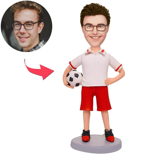 Personalised football player bobblehead – hand-crafted polymer clay figure with personalised head sculpt and engraved text on the base, ideal fan or coach gift