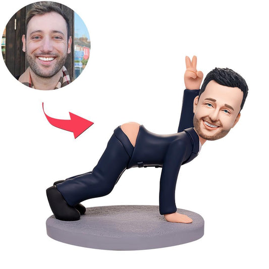 Handcrafted polymer clay personalised man bobblehead (front view) with custom engraved base — funny personalised bobblehead gift and unique desk ornament, custom bobblehead with engraved text