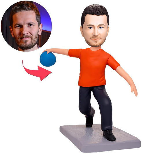 Front view of personalised bowling player bobblehead with engraved base, polymer clay figure with customised head to match your photo, ideal personalised bowling gift and custom engraved bowling gift