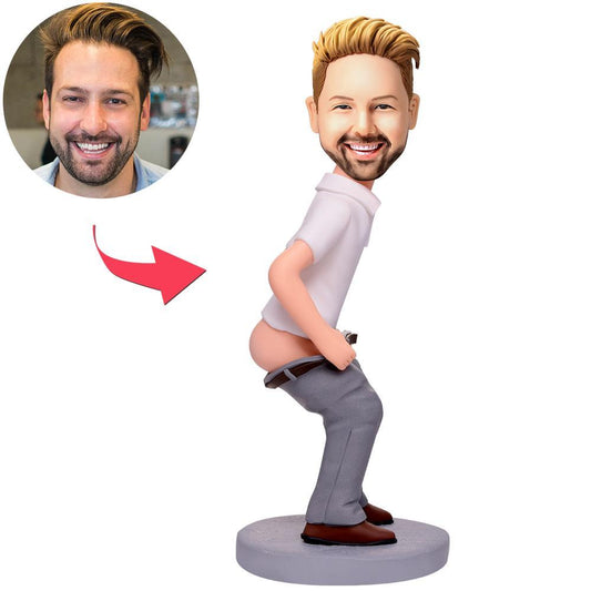 Front view of personalised humorous man bobblehead with engraved base — custom polymer clay figurine, personalised male bobblehead likeness