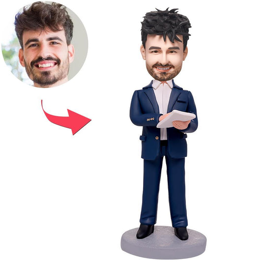 Businessman taking notes personalised bobblehead — handmade polymer clay figure with engraved base, ideal personalised desk gift for mentors and colleagues