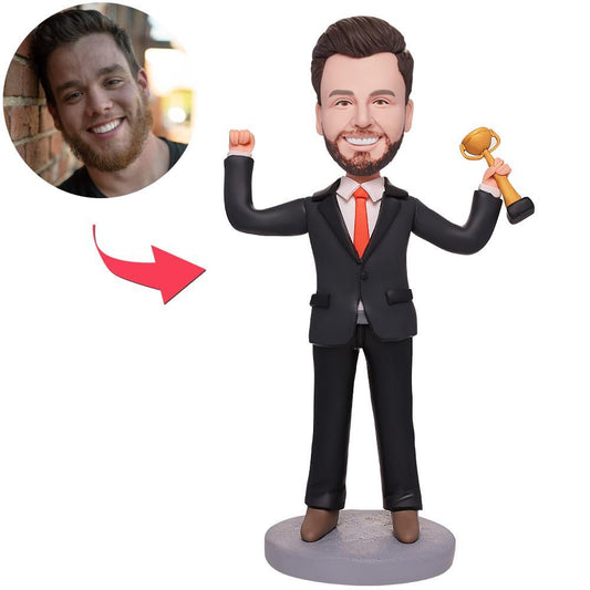 Champion personalised polymer clay bobblehead with engraved base and customised head — personalised bobblehead gift for the UK and Australia