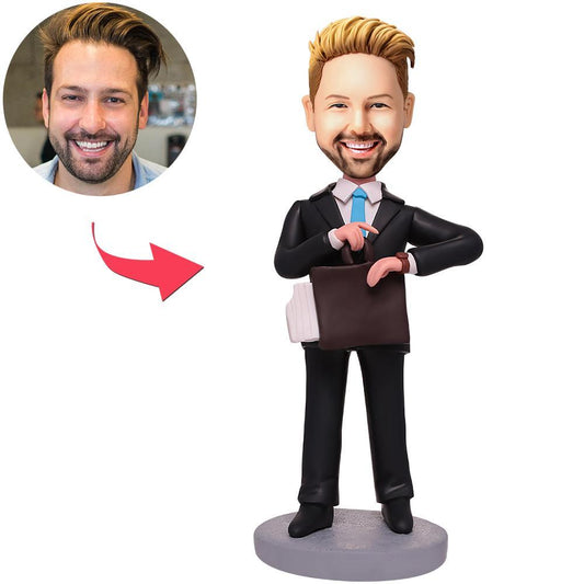 Personalised Business Man custom bobblehead with engraved text on base, head personalised from your photo, checking his watch, handcrafted polymer clay gift