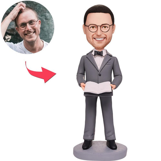 Personalised teacher bobblehead in polymer clay with engraved text on the base — handmade professor figurine, custom head from photo, perfect teacher gift for birthdays, graduations or retirements (UK & Australia)