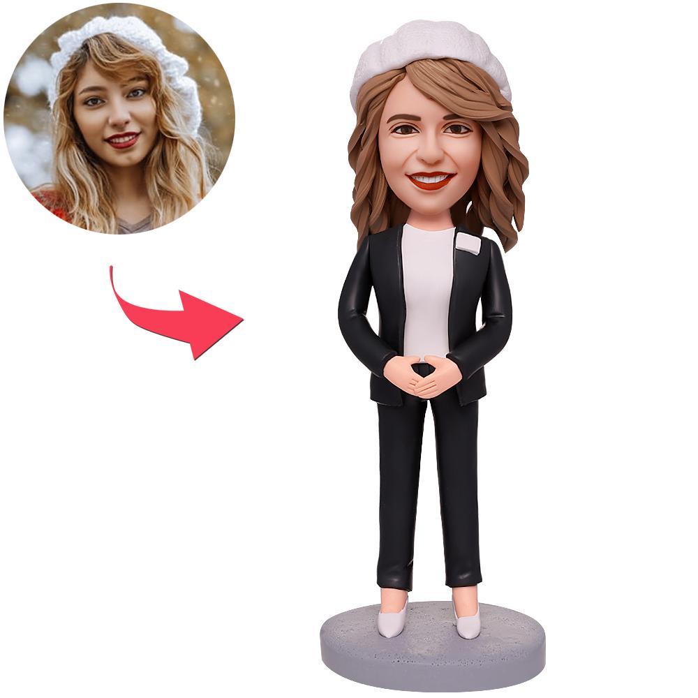Custom bank worker businesswoman bobblehead with personalised face and engraved text on the base — handcrafted polymer clay desk ornament, ideal corporate or retirement gift