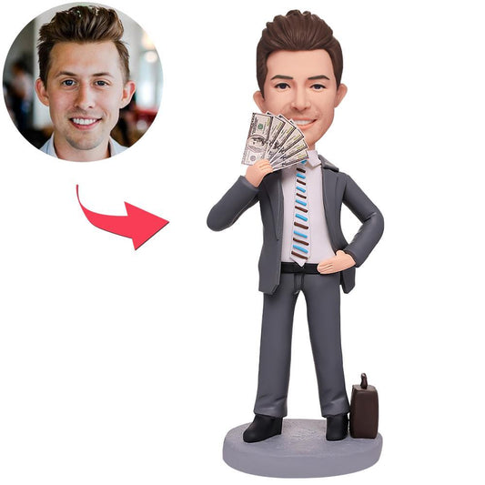 Rich Man personalised polymer clay bobblehead with engraved text on the base – customised head from your photo, classic suit body, handcrafted keepsake gift