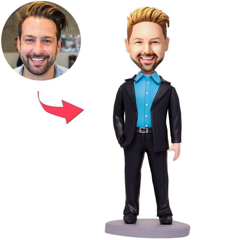 Personalised businessman bobblehead with engraved base, custom head-only polymer clay figurine showing tailored face and suit — ideal corporate, retirement or graduation gift for him