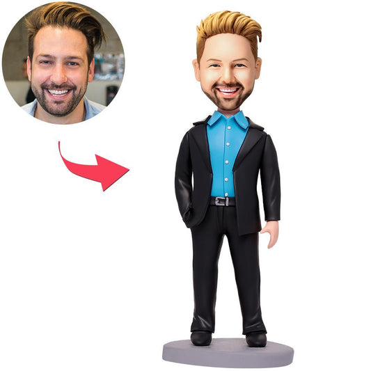 Personalised businessman bobblehead with engraved base, custom head-only polymer clay figurine showing tailored face and suit — ideal corporate, retirement or graduation gift for him
