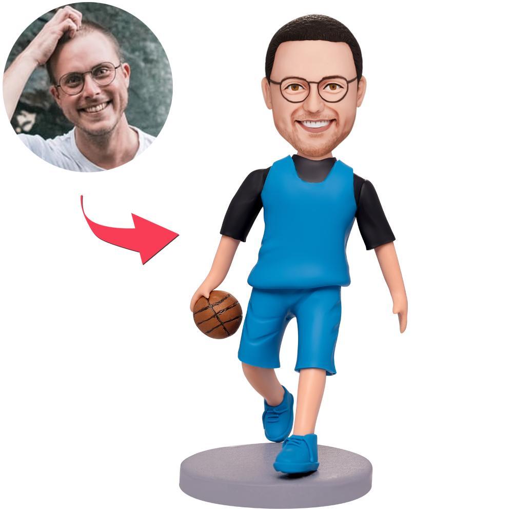 Personalised polymer clay middle-aged basketball player bobblehead with customised head likeness and engraved text on the base – fixed pose sports keepsake