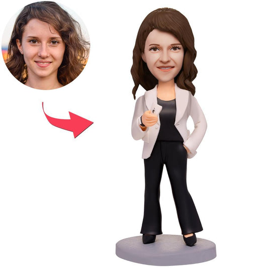 Personalised Business Woman Bobblehead — hand-crafted polymer clay modern businesswoman bobblehead with engraved name on the base; head customised from supplied photos