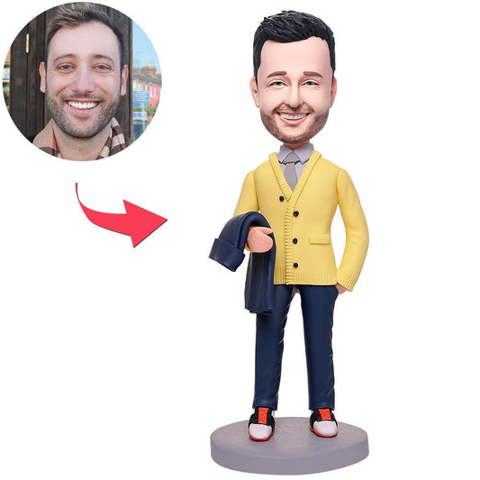 Fashion Man custom bobblehead with engraved text – personalised polymer clay head, front-facing portrait highlighting hairstyle and facial likeness