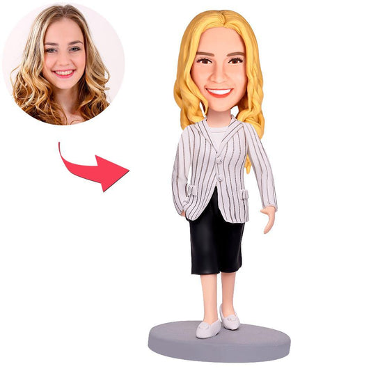 Personalised polymer-clay bobblehead of a modern woman wearing black pants — custom photo head (bobble or stationary) with engraved text on the base