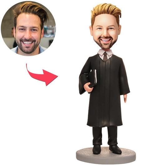 Personalised barrister bobblehead with bespoke face and engraved text – handmade polymer clay barrister figurine, ideal call to the Bar or law graduation gift (AU & UK)