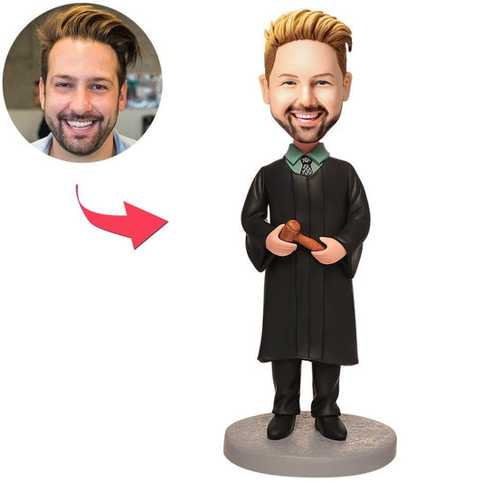 Personalised judge bobblehead in black robes holding a gavel – custom presiding judge figurine, hand‑sculpted polymer clay personalised face gift ideal for law graduates, judges and barristers