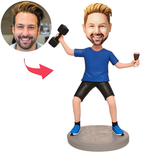 Personalised happy man bobblehead holding dumbbells, hand-sculpted polymer clay custom figure ideal as a gym gift, groomsmen present or desk keepsake for UK and Australia