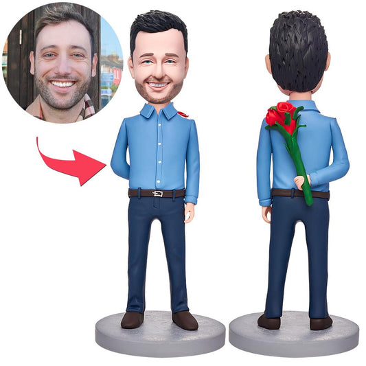 Personalised man with a rose behind him custom bobblehead front view handcrafted polymer clay figurine with personalised head and engraved base ideal anniversary gift