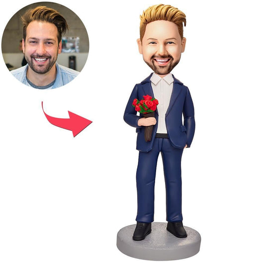 Personalised bobblehead of a cool man holding a bouquet of roses, polymer clay figure with engraved base for a name or short message - perfect personalised anniversary or wedding gift for UK and Australia