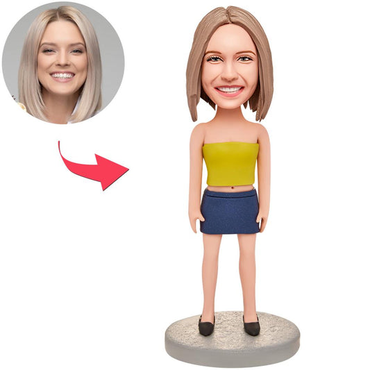 Personalised polymer-clay fashion woman bobblehead in dress with engraved text — custom head, handmade gift for her in the UK and Australia