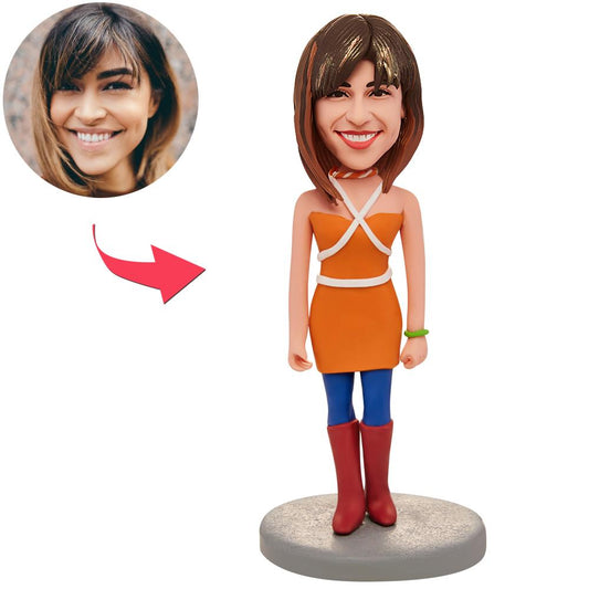 Yellow dress personalised woman bobblehead – hand-sculpted polymer clay figure with custom head from your photo and engraved text on the base, ideal personalised gift