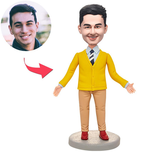 Yellow suit personalised modern man bobblehead in polymer clay with customised head from your photo and engraved base — personalised gift for him