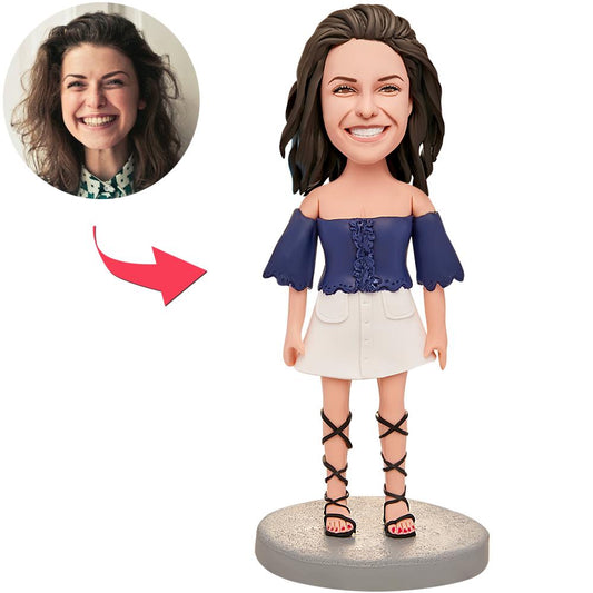 Cute personalised polymer clay bobblehead of a beautiful woman with engraved text on the base — handcrafted custom head made from your photo, ideal personalised gift for her