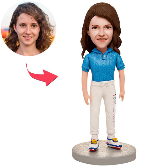 Blue T-shirt Woman personalised bobblehead with engraved text on the base, handmade polymer clay keepsake with a custom head created from your photo