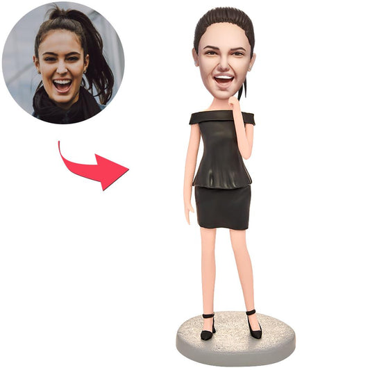 Woman in black suit personalised bobblehead — polymer clay custom head made from your photo with optional engraved text on the base, ideal personalised desk ornament or gift