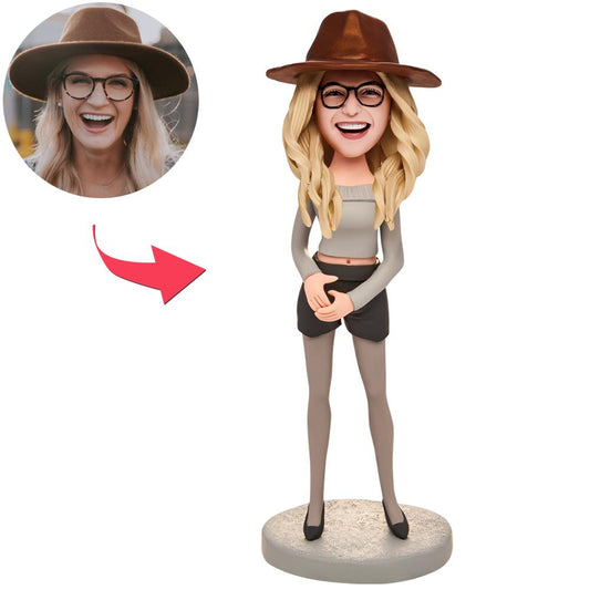 Woman wearing grey stockings custom bobblehead with engraved text – polymer clay figure with personalised head, fixed pose and engraved name on the base
