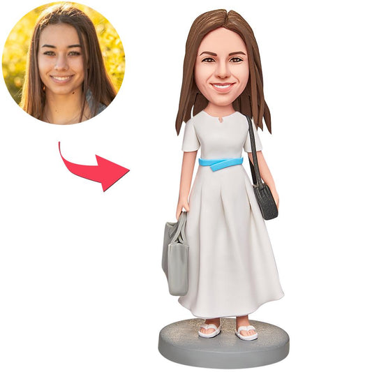 Personalised polymer clay shopping woman bobblehead with engraved base, custom head made from your photo — perfect personalised gift for her