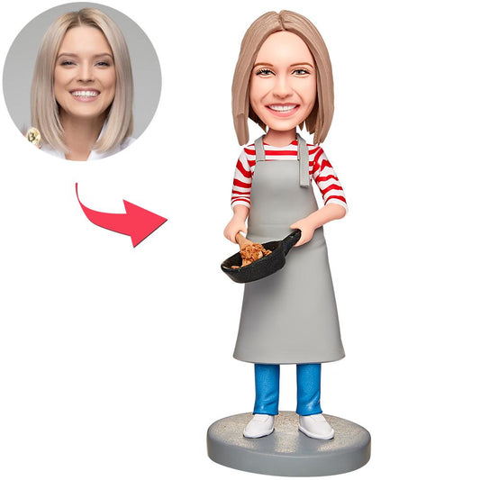 Handcrafted polymer clay Cooking Mum personalised bobblehead on an engraved base — custom head likeness and engraved text, ideal personalised kitchen gift