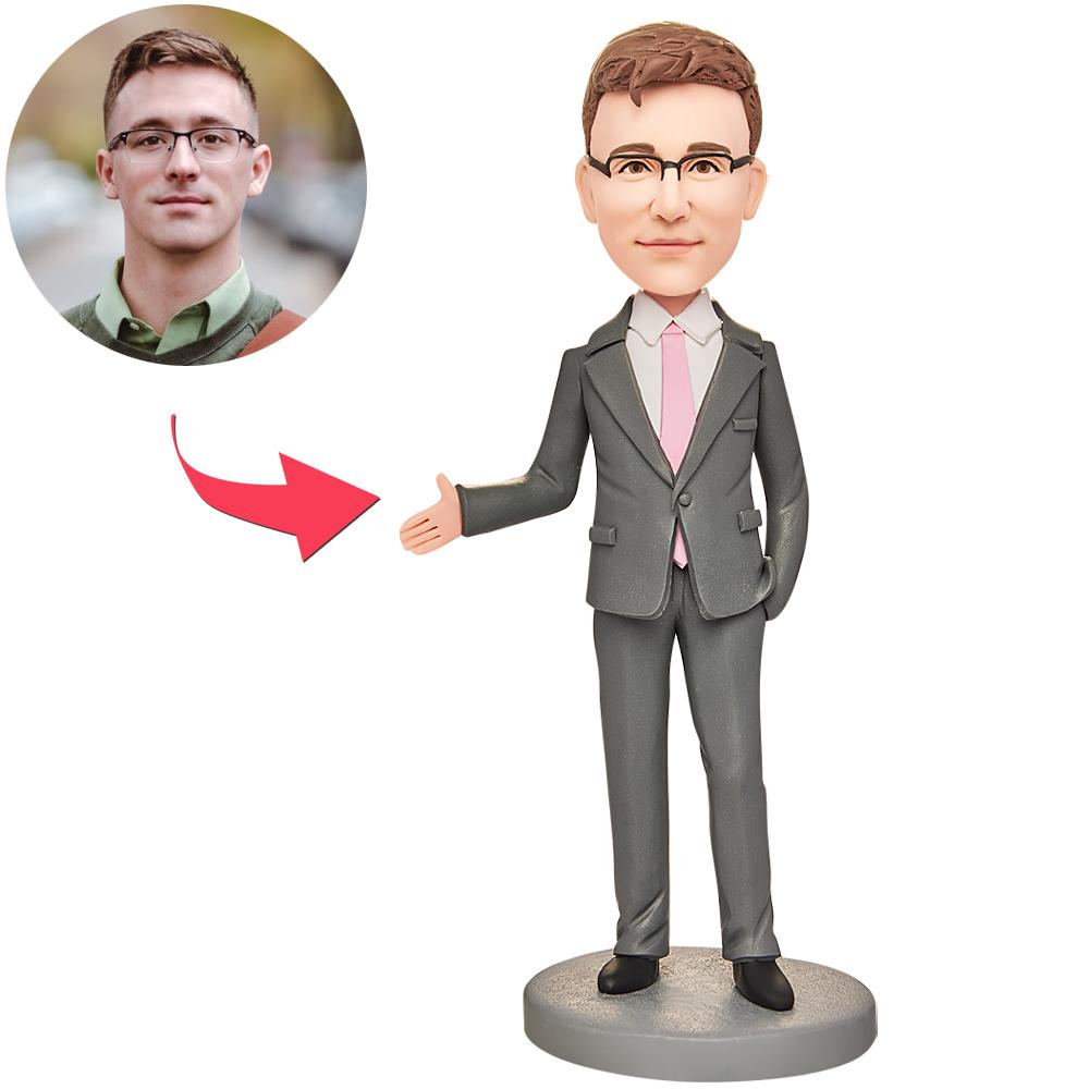 Personalised grey suit businessman bobblehead, handmade polymer clay with customised photo-to-face head and engraved base – ideal corporate or retirement gift