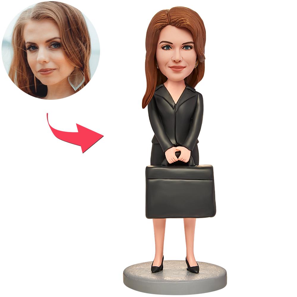 Black suit businesswoman personalised bobblehead — handmade polymer clay desk ornament with engraved text on base, corporate gift
