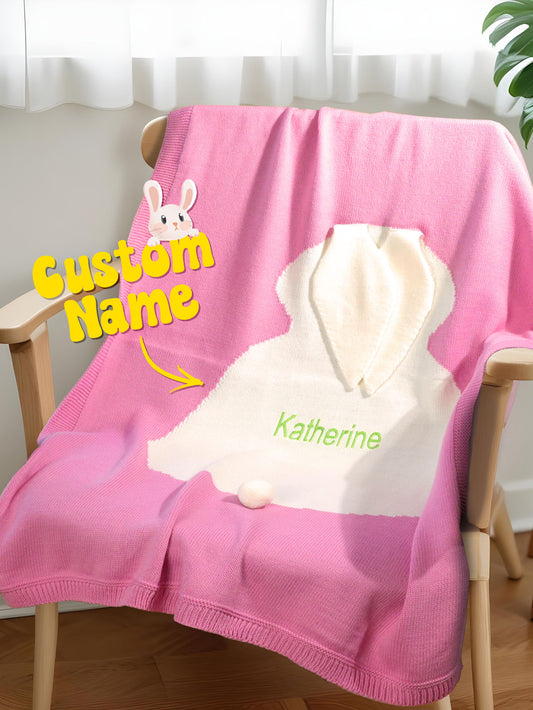 Personalised Knitted Bunny Baby Blanket with Embroidered Name