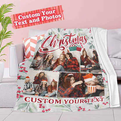 Personalized Collage Photo Christmas Flannel Blanket with Text