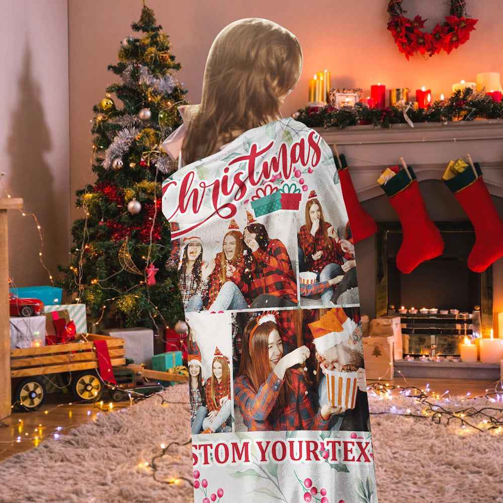 Personalized Collage Photo Christmas Flannel Blanket with Text