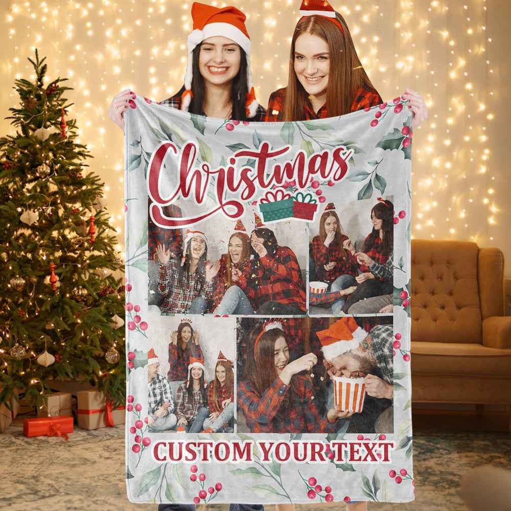 Personalized Collage Photo Christmas Flannel Blanket with Text