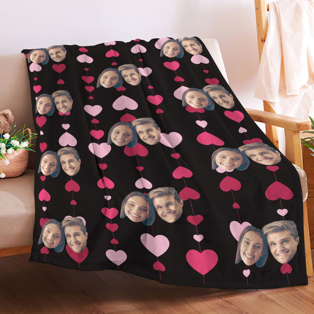 Detail of blanket stitching and print quality on a personalised face and heart photo blanket — durable polyester personalised throw that resists pilling