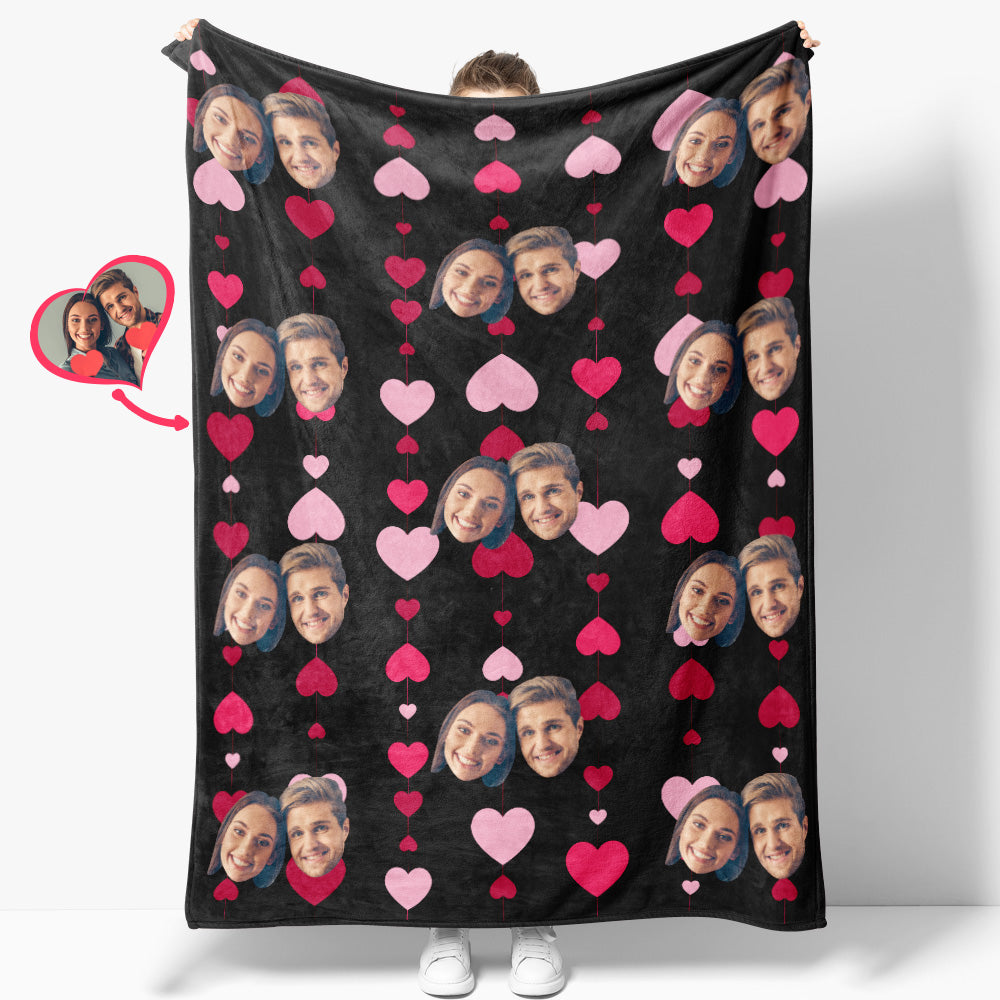 Personalised face and heart photo throw folded on a bed showcasing full-colour, all-over print and custom text option — perfect anniversary or Mother's Day gift